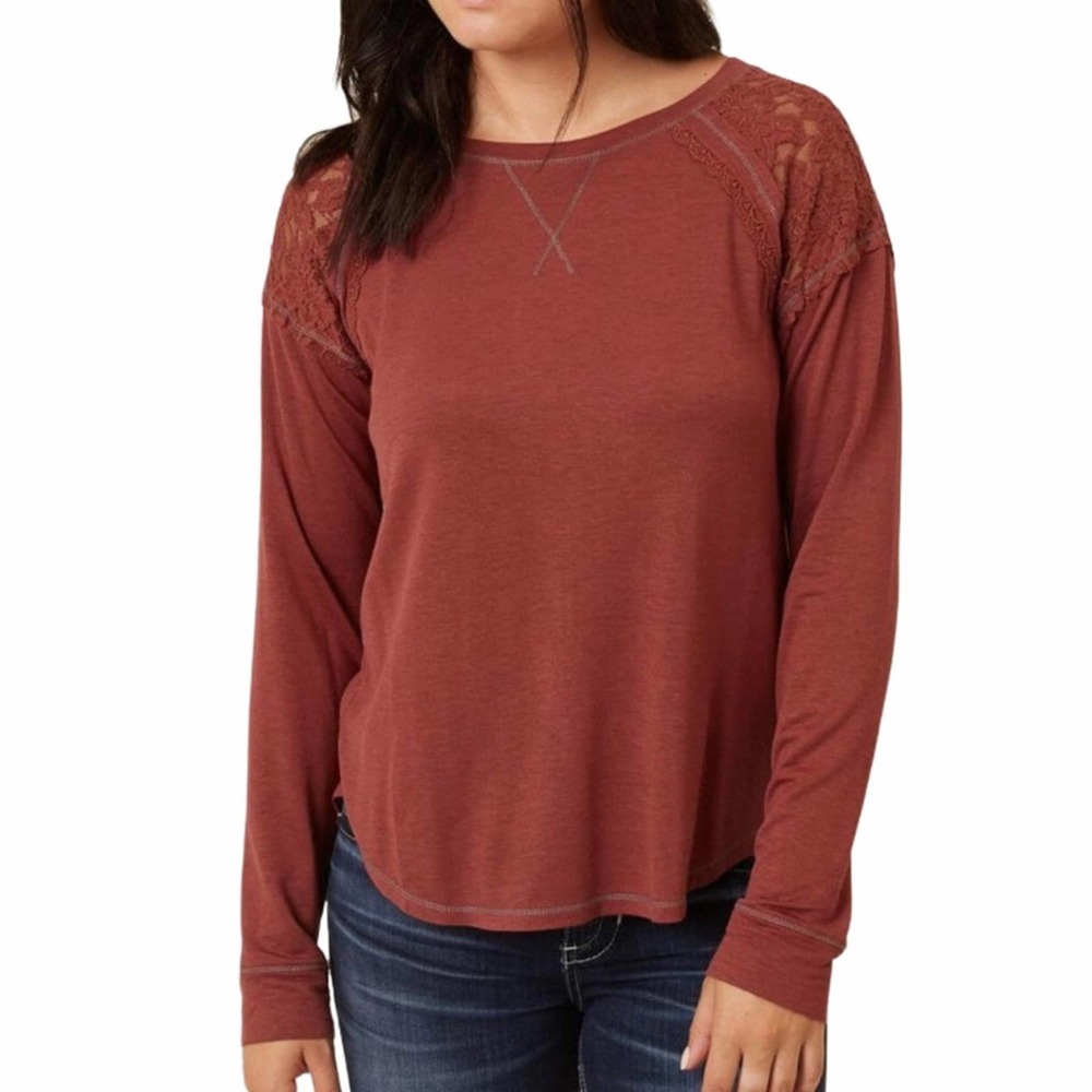 Jolt Burnt Orange Raw Edge Long Sleeve Lace Top L